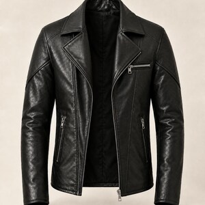 May include: A black leather jacket featuring a notched lapel, a diagonal front zipper closure, and three zippered pockets. The material displays a subtle, repeating embossed pattern across the surface, with silver-toned metal hardware throughout.