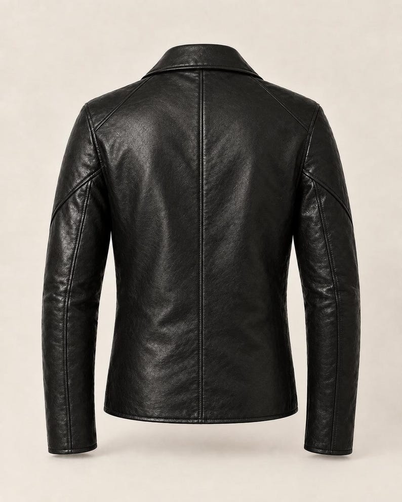 May include: A black jacket with a smooth, textured finish, featuring a structured collar, long sleeves with defined seam detailing along the shoulders and back, and a central vertical seam running down the back panel of the garment.