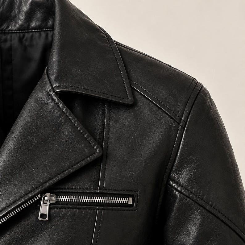 May include: A black leather jacket featuring a notched lapel collar, a horizontal zippered chest pocket with a silver-toned metal zipper pull, and visible seam detailing along the shoulder and chest area, showcasing a smooth, textured finish.