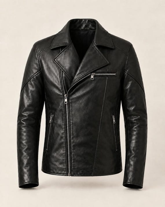 Men's Genuine Leather Biker Jacket, Black Zip-Up Motorcycle Style