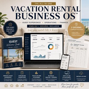 Puede incluir: Un sistema operativo para alquiler vacacional que incluye un portátil con un panel financiero, un libro de bienvenida encuadernado en espiral, un rastreador de inventario y un teléfono inteligente, con texto en inglés y español.