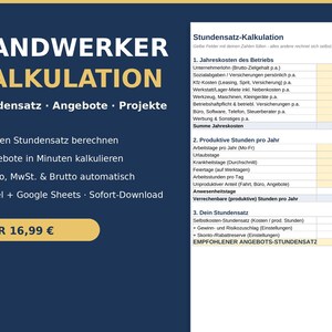Könnte beinhalten: Eine digitale Tabellenvorlage zur Kalkulation von Handwerker-Stundensätzen auf dunkelblauem Hintergrund mit weißer und goldener Schrift. Das Dokument enthält Abschnitte für Jahreskosten, produktive Stunden und die Stundensatzberechnung.