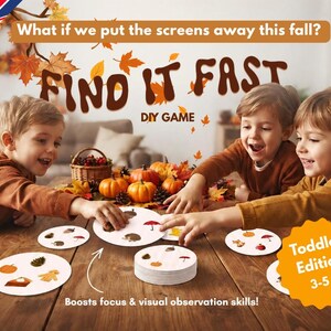 Może przedstawiać: Gra typu zrób to sam pod tytułem Find It Fast, Toddler Edition 3-5 yo, zawierająca okrągłe karty z jesiennymi ilustracjami, takimi jak dynie, żołędzie i parasole. Zestaw zawiera stos kart umieszczony na drewnianym stole.