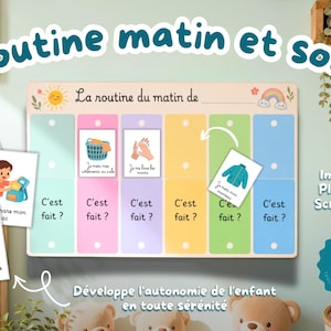 Peut inclure: Un tableau de routine matin et soir rectangulaire avec des colonnes verticales colorées, illustrant des tâches quotidiennes, des points d'attache circulaires blancs et le texte 'Routine matin et soir' et 'La routine du matin de'.