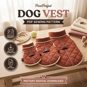 Può includere: Tre gilet trapuntati per cani in taglie graduate, color ruggine con bordo crema e chiusure a fibbia nere. L'immagine presenta il testo PivotPerfect, DOG VEST, PDF SEWING PATTERN e INSTANT DIGITAL DOWNLOAD.