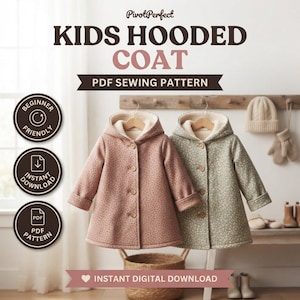 Peut inclure: Un patron de couture PDF pour un manteau à capuche pour enfants par PivotPerfect. L'image montre deux manteaux à motifs floraux en vieux rose et vert sauge, avec des boutons, des capuches et des doublures claires, incluant des étiquettes pour débutants.