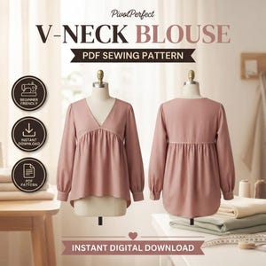 May include: A PDF sewing pattern for a dusty rose V-neck blouse with long sleeves and a gathered waist. The image displays the front and back views of the garment on dress forms, with text reading PivotPerfect V-NECK BLOUSE PDF SEWING PATTERN.