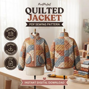 May include: A PDF sewing pattern for a quilted jacket by PivotPerfect. The jacket features a patchwork design with floral patterns in blue, orange, and cream, a high collar, a front zipper, and two rounded pockets with brown trim.