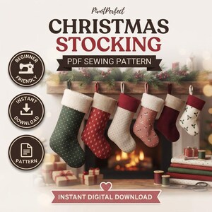 Christmas Stocking Pattern, Fabric Stocking Sewing Pattern PDF, 6 Sizes XS to XXL, Mantel Decor, Sewing Manual Included, Instant Download