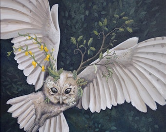 Flower Face Owl - Blodeuwedd -  Mounted Giclee Print of a magical owl.