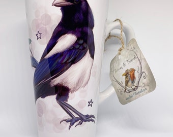 A fairy & two magpies Large Latte Mug From Rachel Blackwell's Fairies and Friends series, featuring garden birds and their fairy friends.