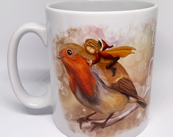 Magical Robin & Fairy  Mug From Rachel Blackwell's Fairies and Friends series, featuring garden birds and their fairy friends.