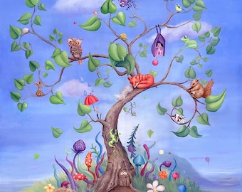 The Magic Tree -  Mounted Giclee Print of a whimsical tree full of animals. (Large)