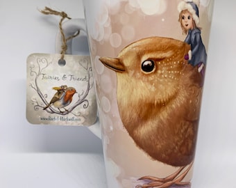 Magical Fairy & Wren Large Latte Mug From Rachel Blackwell's Fairies and Friends series, featuring garden birds and their fairy friends.