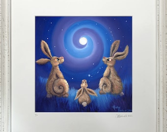 The Hare Family - Magical print of a family of three hares gazing at the moon by Rachel Blackwell