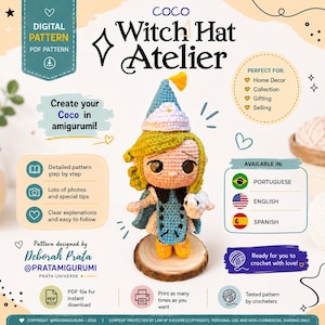 Pode incluir: Um padrão PDF digital para uma boneca amigurumi de crochê intitulada Coco Witch Hat Atelier. A boneca apresenta um chapéu pontudo azul com aba branca, cabelo amarelo, uma capa azul e uma pequena criatura branca. Inclui texto.