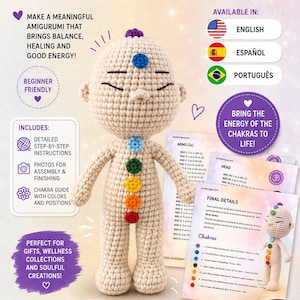 May include: A digital PDF crochet pattern for a beige amigurumi doll titled CHAKRITO THE GUARDIAN OF THE CHAKRAS. The doll features a purple topknot and six colored circular accents down its torso representing chakras in violet, blue, green, yellow, orange, and red. The document includes text, instructional pages, and icons.