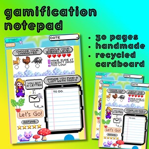 May include: A gamification notepad with 30 pages made of recycled cardboard. The design features pixel art elements including a start button, character selection, energy level hearts, a to-do list, and text reading "You got a letter" and "Let's Go!"