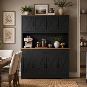 May include: A large black kitchen hutch with a natural wood top surface, featuring upper and lower cabinets with X-pattern detailing on the doors, black metal hardware, and three central drawers, providing storage for kitchenware and appliances.