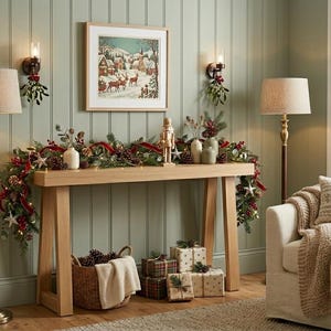 May include: A light wood console table decorated with a Christmas garland featuring red velvet ribbons, pinecones, and white stars. Beneath the table are wrapped gift boxes and a wicker basket filled with pinecones and a cream-colored cloth.