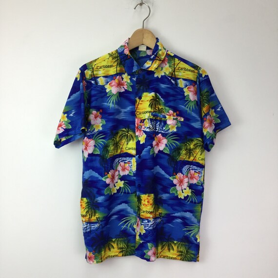 Vintage Hawaiian Shirt Blue Caribbean Island Design | Etsy