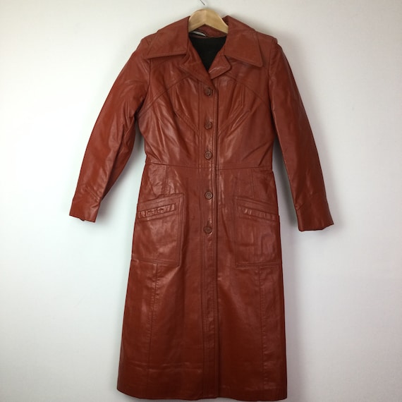 Vintage 1970’s Orange Tan Lined Leather Trench Coa