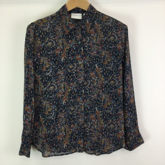 Vintage 90/'s Liz Claiborne Semi-Sheer Red and Black Geometric Print on White Backgrund Long Sleeved Blouse Bust 37 Waist 36