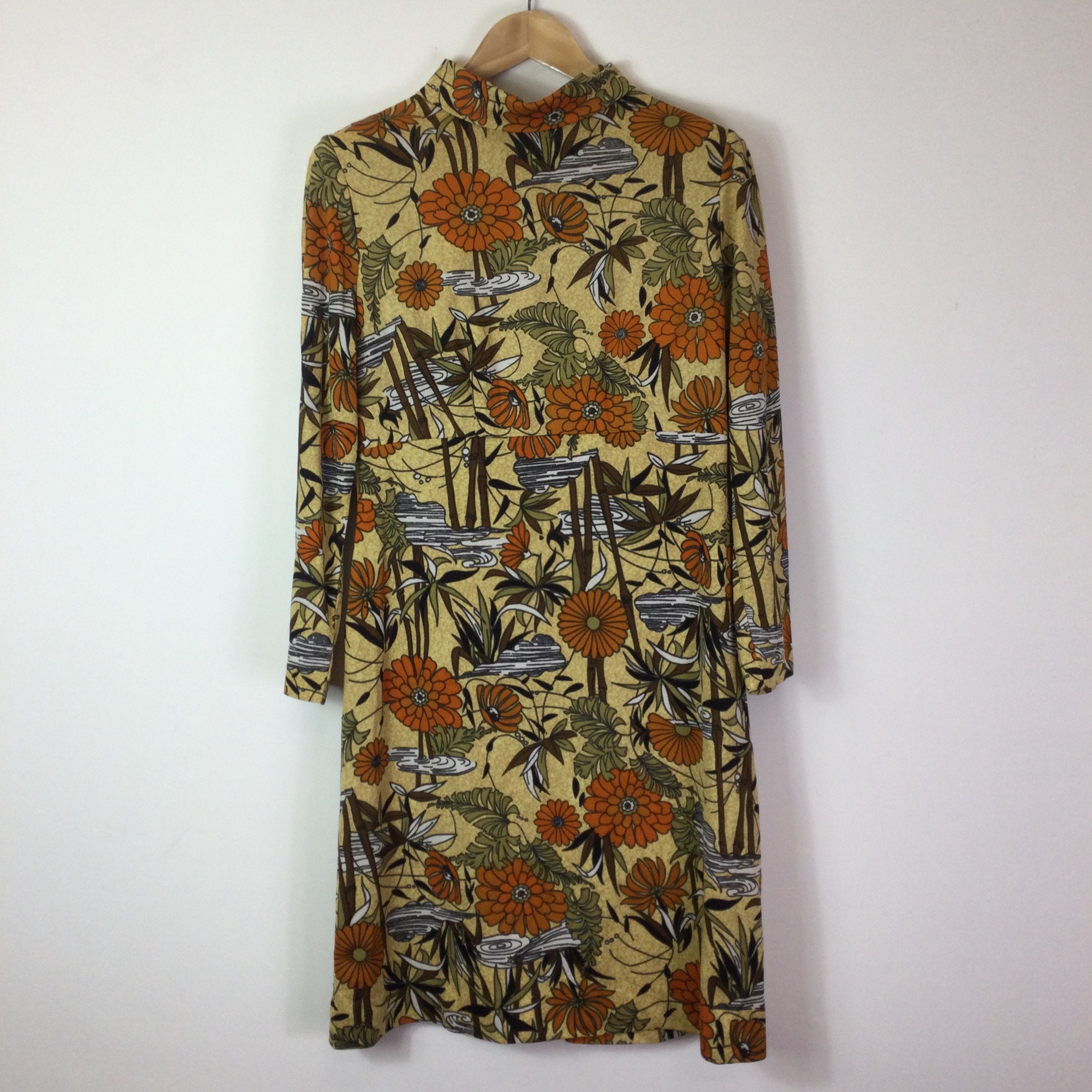 Image of Vintage S Floral Orange & Brown Turtleneck Dress