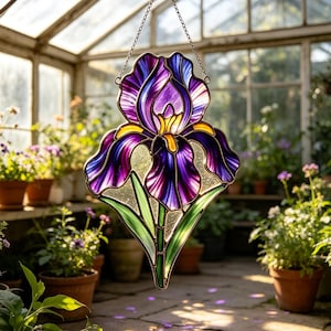 Può includere: Un acchiappasole in vetro colorato a forma di fiore di iris con petali viola intenso e violetto, un centro giallo brillante e foglie verdi. L'oggetto è appeso a una catena di metallo fissata a una staffa da parete in ferro nero.