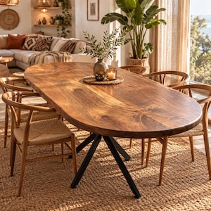 Peut inclure: Une table à manger ovale avec un plateau en bois naturel et des pieds en métal noir, entourée de quatre chaises en bois avec des assises tressées. Un set de table rond en osier est posé au centre, portant un petit vase en verre avec du feuillage.