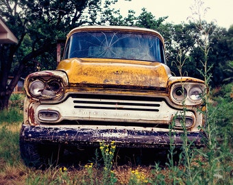 Chevy Pick up photograph, Chevrolet, rusted, abandoned, Vintage Pick Up Truck Print, yellow