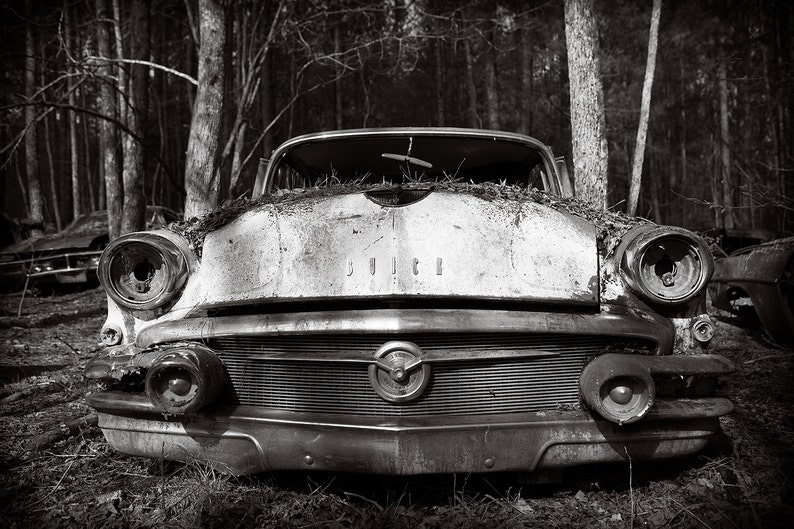 Old Car Photograph, Buick Super, 1958, Car Art, Abandoned Car, Black and White Photograph, Corporate Art image 1