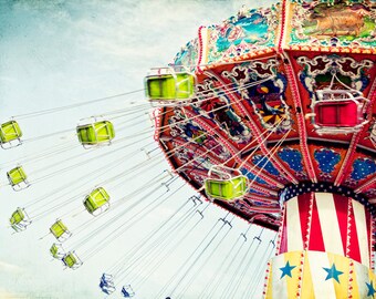 Amusement Park Photograph Swings Carnival Ride Colorful Large 16x24 Photograph large art Primary colors, red, yellow, blue, green