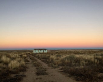 New Mexico Photograph, Sunset colors, Dirt Road, orange, blue, wheat, brown, Apartment Decor