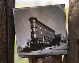 Wood photo block, San Francisco Photo, Columbus Building, Ready to hang, black and white photo, downtown San Francisco