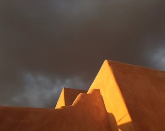 Santa Fe Photograph, La Fonda, Abstract Photograph, Sunset, Adobe, Santa Fe Art, Golden Light, New Mexico, Dark sky