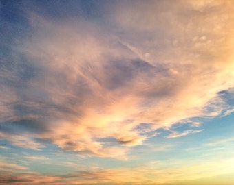 Orange Sunset Sky and Clouds photograph. Orange purple blue big sky. Cloud photography