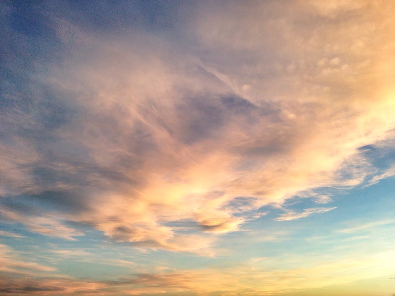 Orange Sunset Sky and Clouds photograph. Orange purple blue big sky. Cloud photography image 1