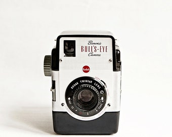 Vintage Kodak Brownie Bulls-Eye Camera Photograph, black, white, red, minimalist photo, office decor, large photograph