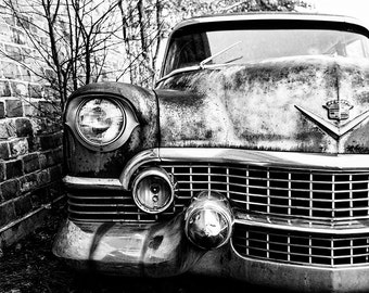 Vintage Car Photograph, Cadillac Photograph, Rusted, Caddy, Old Car Photo, Black and White Mid Century car