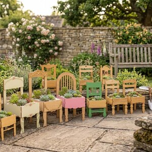 May include: A collection of miniature wooden chair planters in various colours including natural wood, cream, pink, and green. Each small chair features a hollowed-out seat filled with assorted green succulents, arranged on a stone patio surface.