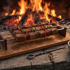 Könnte beinhalten: Ein rechteckiges Servierbrett aus Holz mit lasergravierten Kompass- und Eichenblattmotiven, inklusive eines dunklen Holzgestells mit drei Metallspießen aus gegrilltem Fleisch und Gemüse sowie einer kleinen Keramikschale mit grüner Soße.