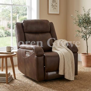 May include: A dark brown leather recliner chair featuring a high backrest, padded armrests, and a small metallic control panel on the side. A cream-colored knitted throw blanket is draped over the right armrest of the chair.