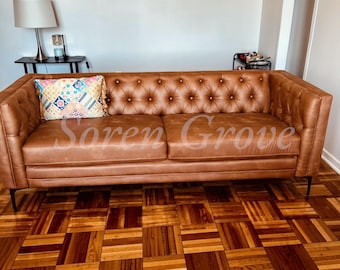 Leather Sofa 3 Seater, Mid Century Modern Faux Leather Couch with Button Tufted Cushions and Metal Legs | Supportive Living Room Sofa
