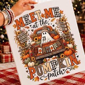 May include: A white canvas print featuring an orange truck carrying a ghost wearing a beanie and holding a mug. The text reads MEET ME at the PUMPKIN patch, with signs for HAY RIDES, APPLE CIDER, PUMPKINS, FARM, FRESH, and FUN. Decorated with pumpkins, sunflowers, and autumn leaves.