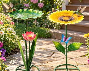 Personalized Sunflower Bird Bath, Lotus Leaf Metal Bird Feeder, Custom Name Outdoor Garden Water Bowl, Hummingbird Lover Gift, 2 Styles
