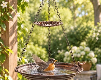 Personalized Hanging Bird Bath and Feeder, Antique Copper Metal Double Bowl Bird Seed Tray, Custom Garden Gift for Bird Lovers, Patio Decor