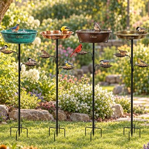May include: Four tall metal bird baths and feeders with black stands and four-pronged bases. Each basin features the name Olivia in script. The basins are teal, copper, brown, and bronze, with small leaf-shaped trays for birdseed attached to the poles.