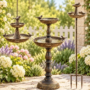 May include: Three bird baths with a dark bronze finish and gold highlights. Option A is a hanging two-tier bath, B is a pedestal two-tier bath, and C is a tall stake-mounted two-tier bath. Each basin features small bird figurines and the name Emma.
