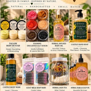 May include: A product display featuring M2 Botanicals skincare items including tallow body butter, foaming salt scrubs, vanilla rose body oil, castile hand soap, castile body wash, goat milk soap bars, herbal bath tea, and herbal hair and scalp oil.